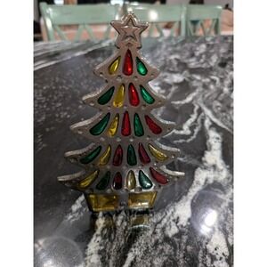 Vintage Christmas Tree Cast Iron Stained Glass Tealight Candle‎ Holder 7.5" Tall